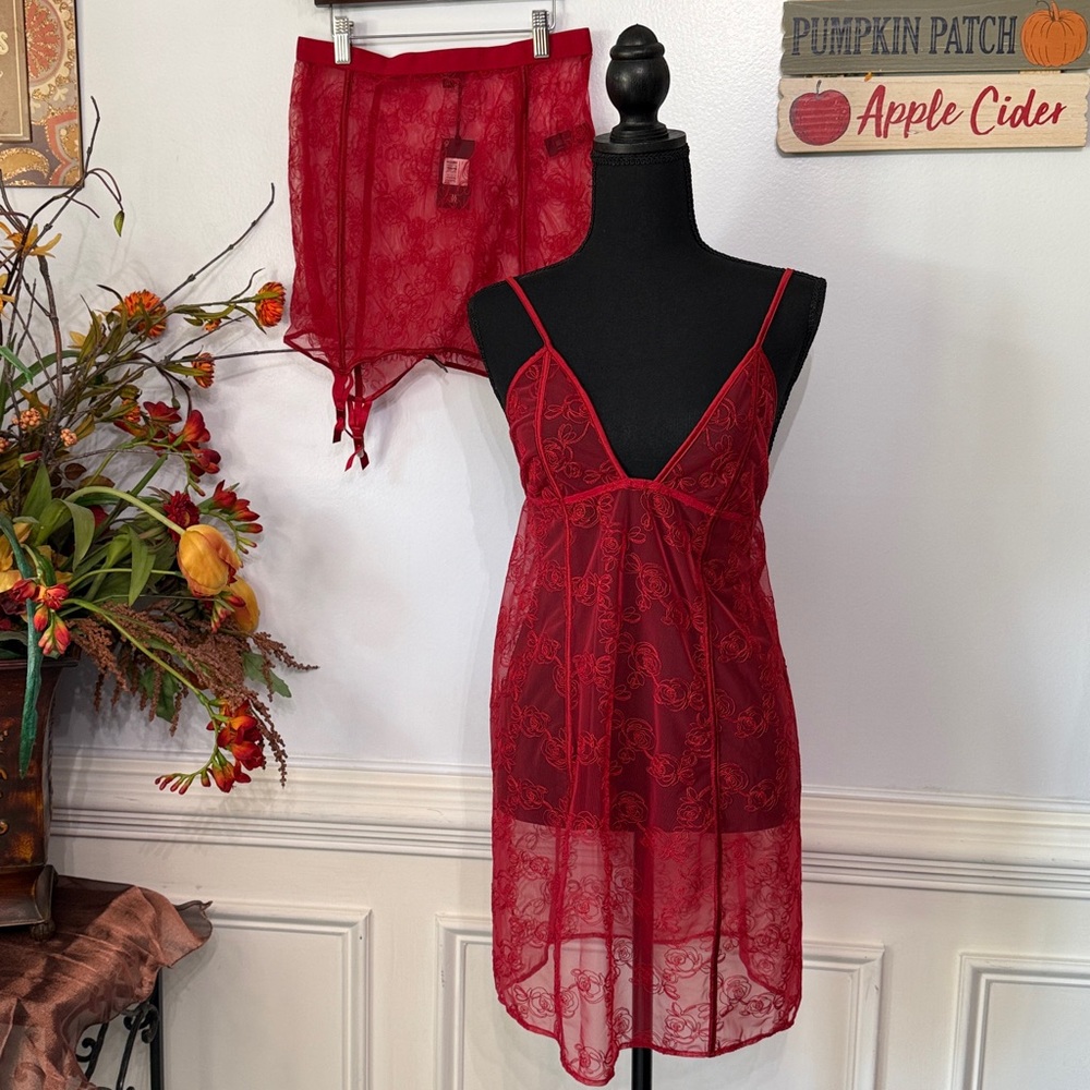 NWT Kiki De Montparnasse La Rose Silk Floral Embroidered Red Slip Gown & Garter